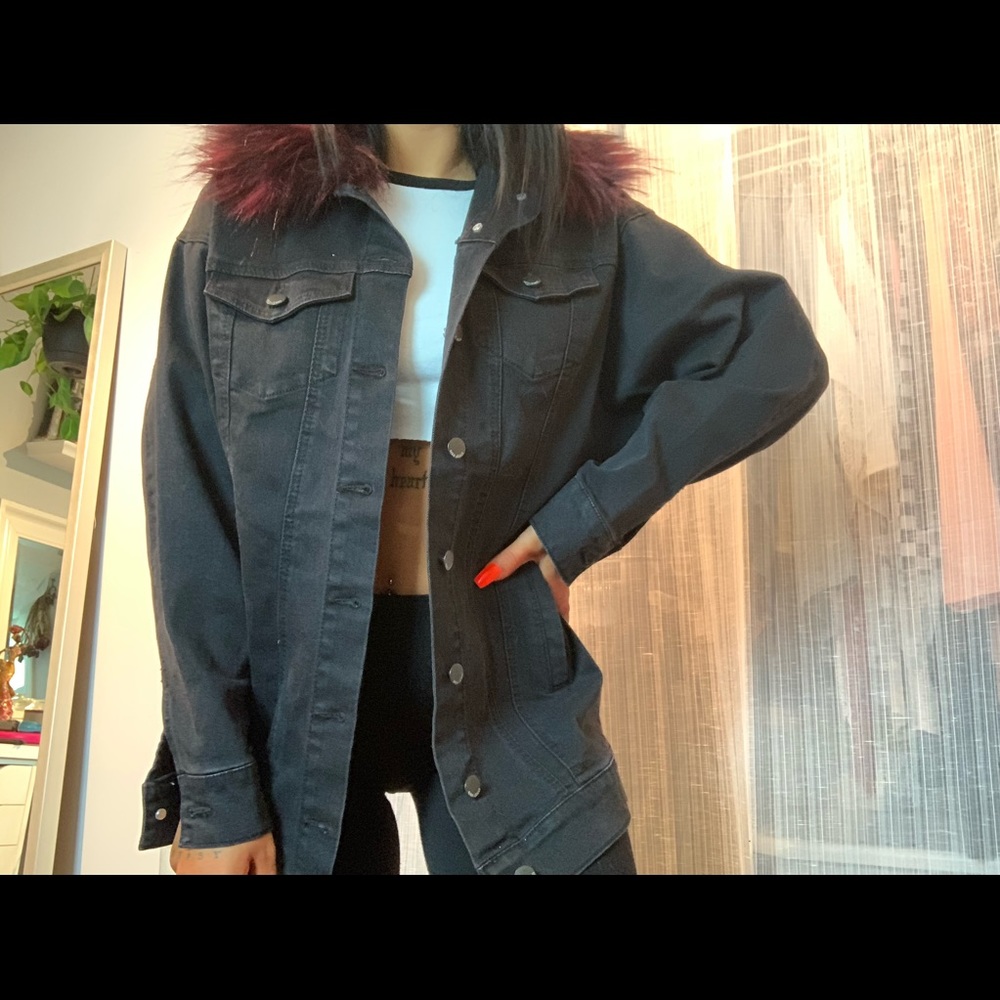 Black denim jacket with fur collar